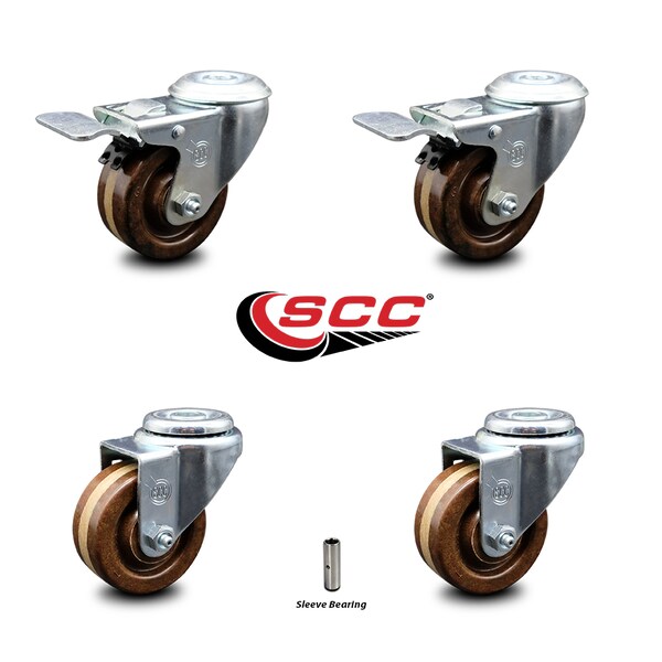 3 Inch High Temp Phenolic Swivel Bolt Hole Caster Set with 2 Total Lock Brake